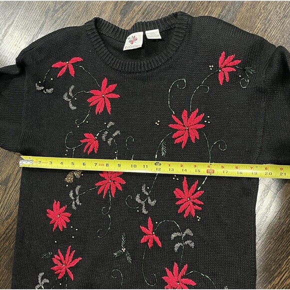 Nutcracker Tunic Sweater Women’s Medium Beaded Poinsettia Holiday Black Dress - Picture 7 of 8